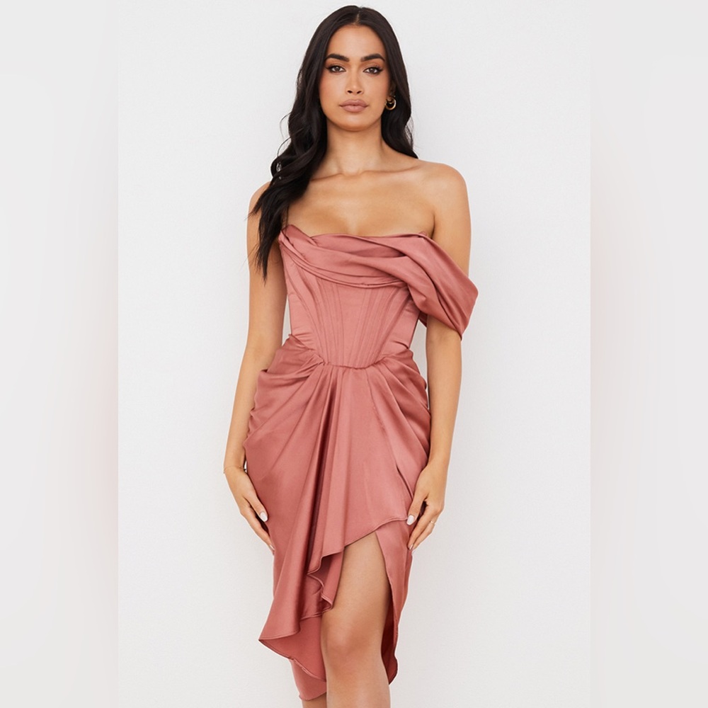 NWOT House of CB Janis Rouge Satin One Shoulder Draped Midi Dress